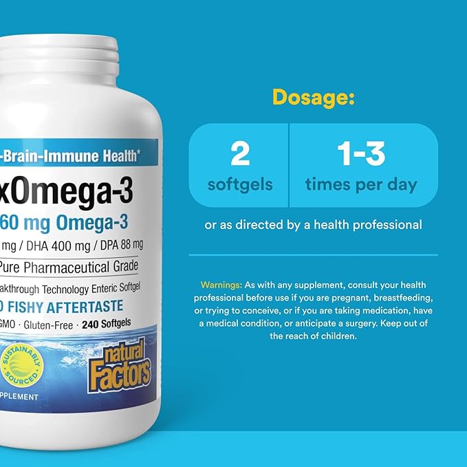 Natural Factors, RxOmega-3 Fish Oil, Pharmaceutical Grade, 1260 mg Omega-3 Per Serving, No Fishy Aftertaste, 240 Count (Pack of 1)