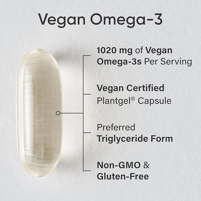 Sports Research Vegan Omega-3 Fish Oil Alternative from Algae Oil - Highest Levels of DHA & EPA Fatty Acids | Non-GMO Verified & Vegan Certified - Fresh Lemon Scent - 60 Veggie Softgels