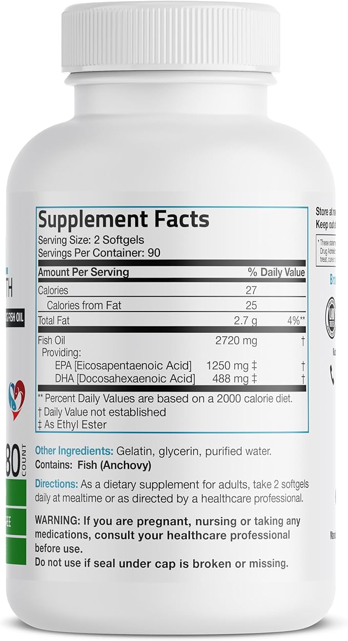 Bronson Omega 3 Fish Oil Triple Strength 2720 mg, High EPA 1250 mg DHA 488 mg, Non-GMO Heavy Metal Tested, 180 Softgels