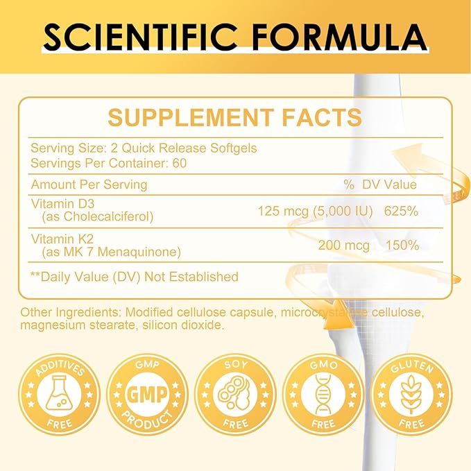 Vitamin D3 K2 Supplement with Vitamin D3 5000 IU, 200 mcg Vitamin K2 MK-7 & Natural Coconut Oil, Plant Based 2-1 Formula for Bone, Teeth, Muscle and Immune Health Support,120 Softgel Capsules