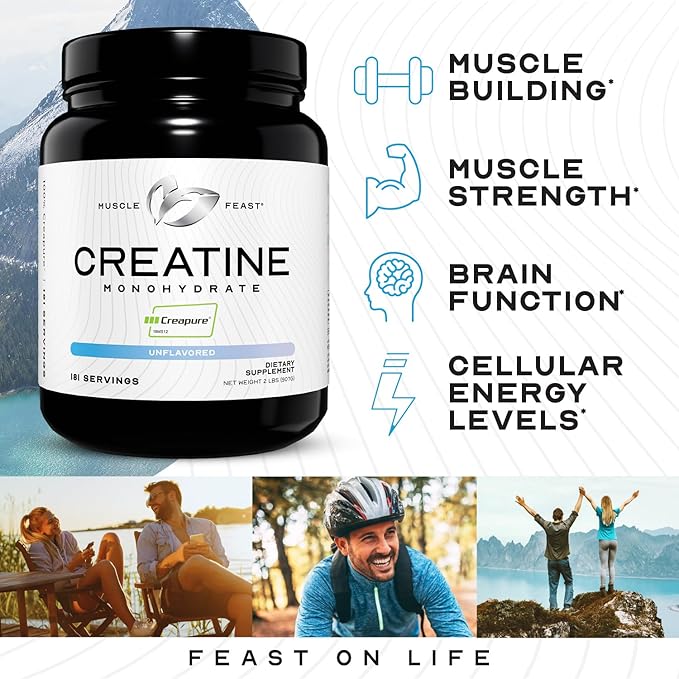 Muscle Feast Creapure Creatine Monohydrate Powder | Premium Pre-Workout or Post-Workout | Easy to Mix, Gluten-Free, Safe and Pure, Kosher Certified (2lb, Unflavored)