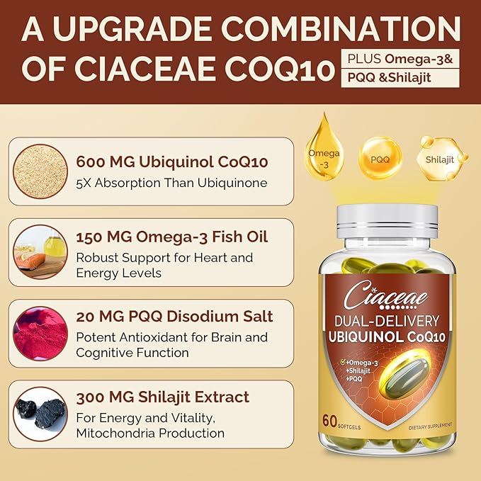 Ubiquinol CoQ10 600 MG Softgels with Omega-3 & Shilajit & PQQ, Advanced Dual-Delivery Coenzyme-Q10, Active CoQ10 Ubiquinol Supplement for Fertility, Antioxidant, Heart, Brain & Energy, 60 Servings