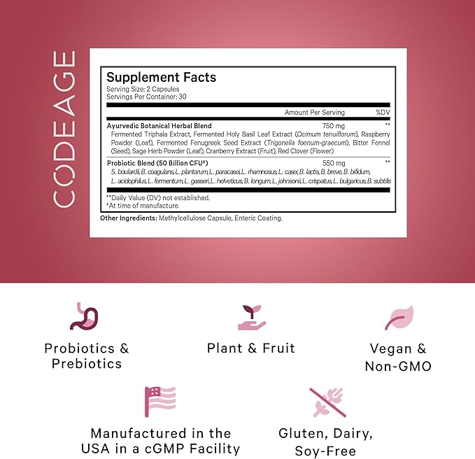Codeage Women’s Probiotics Supplement - 50 Billion CFUs - SBO Probiotics & Prebiotics - Cranberries - Feminine Health - Fermented Botanical Blend, Whole Food Supplement - Vegan, Non-GMO - 60 Capsules