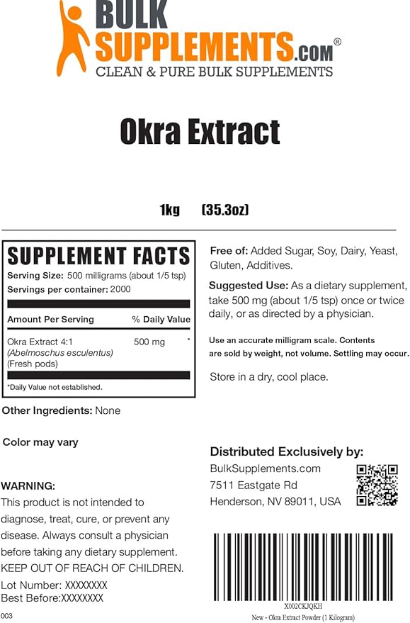 BulkSupplements.com Okra Extract Powder - Digestion Supplement - Bowel Movement Supplements (1 Kilogram - 2.2 lbs)