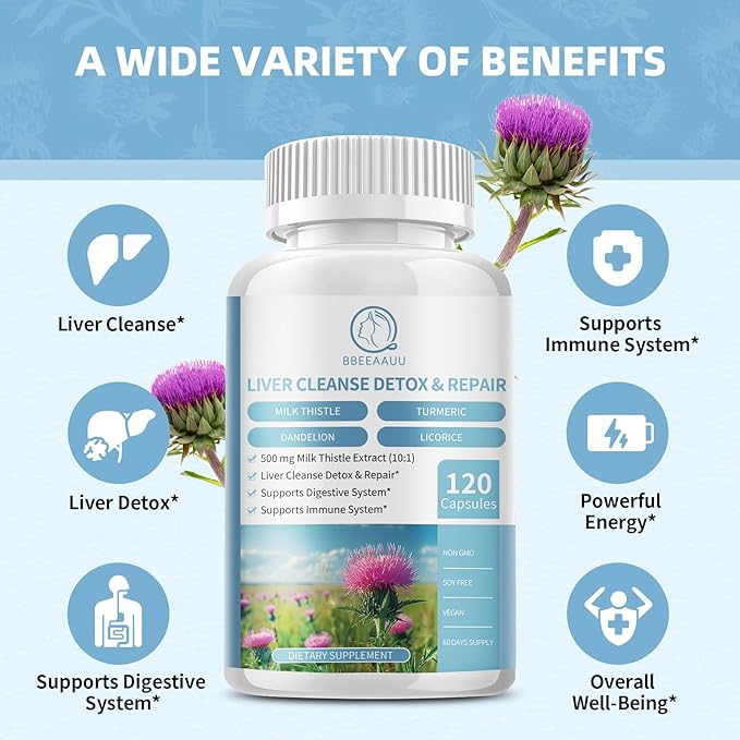 Milk Thistle Supplement Capsules, Liver Health Formula, with Dandelion Root, 10:1 Extract, for Liver Detox Cleanse Support, Digestive & Immune System (120 Count (Pack of 2))