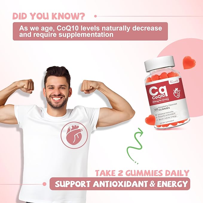 High Absorption CoQ10 Gummies, Plus Omega-3, Vitamin B3 for Brain & Antioxidant, 5X Better Absorption Coenzyme Q10 Supplement, Raspberry Flavored - 60 Cts