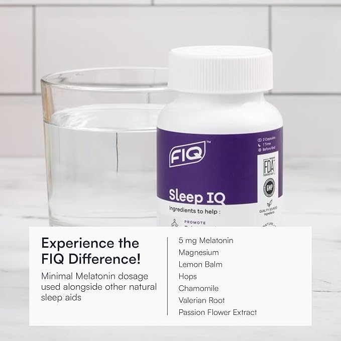 FIQ - Sleep IQ - Sleep Aid - Magnesium Supplement with 5 mg Melatonin, Lemon Balm, & Valerian Root - 60 Capsules