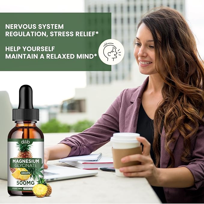 Magnesium Glycinate Supplement, Liquid Magnesium Glycinate Liquid Drops 500mg-Support Stress Relief, Relaxation, Mood, Sleep, Bone & Muscle-2 Fl Oz, Vegan, Pineapple Flavor