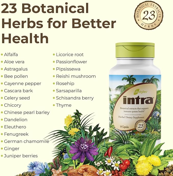 Intra Lifestyles Capsules - Herbal Supplement for Immune Support, Detox, Digestive & Cardiovascular Health – 23 Botanical Extracts – Made in Canada – 64 Capsules