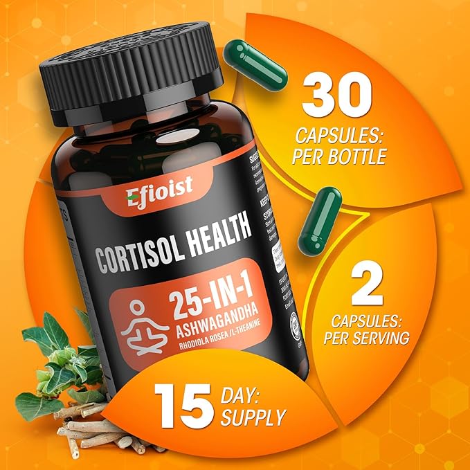 Cortisol Supplement for Women, 25-in-1 Cortisol Reducer for Women & Men, Cortisol Supplements for Men with Ashwagandha, Rhodiola Rosea, L-Theanine, for Mood, Focus, Sleep Support, 30 Capsules