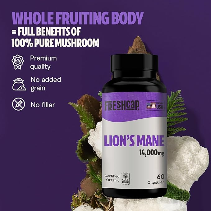 FreshCap Lions Mane Supplement Capsules 14,000mg - Lion's Mane, High Potency Extract, 14:1 Organic Mushroom Supplement, Ayurveda Focus Made in USA (60 Capsules)