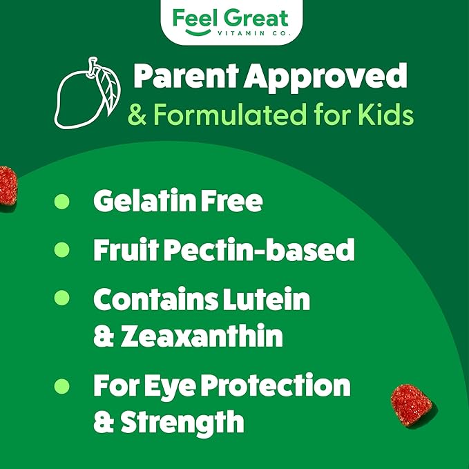 Feel Great Kids Gummy Vitamins for Eyes | Essential Eye Vitamins Lutein and Zeaxanthin | Mango Flavored Vegan Eye Vitamins for Kids | Gluten Free | 60 Day Supply