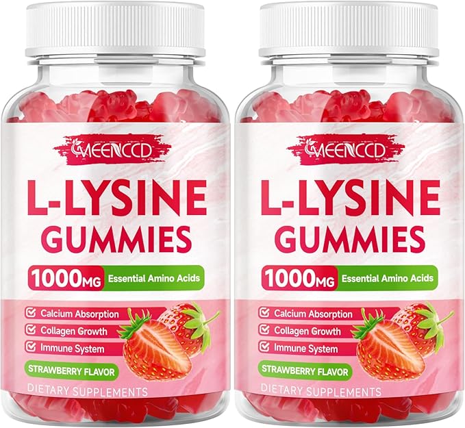 2 Pack L-Lysine 1000mg Gummies, Lysine Supplement for Adults & Kids, Essential Amino Acid for Oral & Lips Health, Boost Immune & Calcium & Collagen, Sugar-Free, Strawberry Flavor, 120 Count
