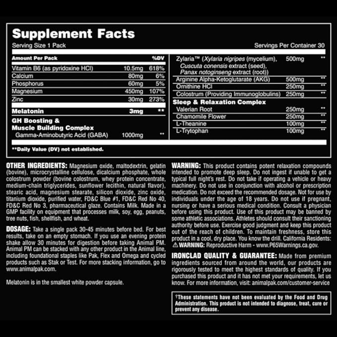 Animal PM - Zinc, Magnesium, Vitamin B6, GABA + AKG, Immune and Recovery Complex, Sleep & Relaxation, Night Time Anabolic Stack Supply Pills, 30 Count