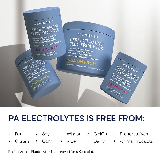 BodyHealth PerfectAmino Electrolytes Powder, Hydration Powder, Sugar Free Keto Electrolyte Drink Mix, Non GMO, Watermelon Flavor (60 Servings)