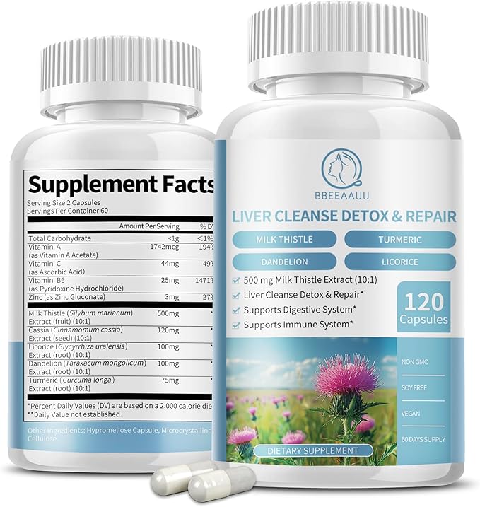 Milk Thistle Supplement Capsules, Liver Health Formula, with Dandelion Root, 10:1 Extract, for Liver Detox Cleanse Support, Digestive & Immune System (120 Count (Pack of 1))