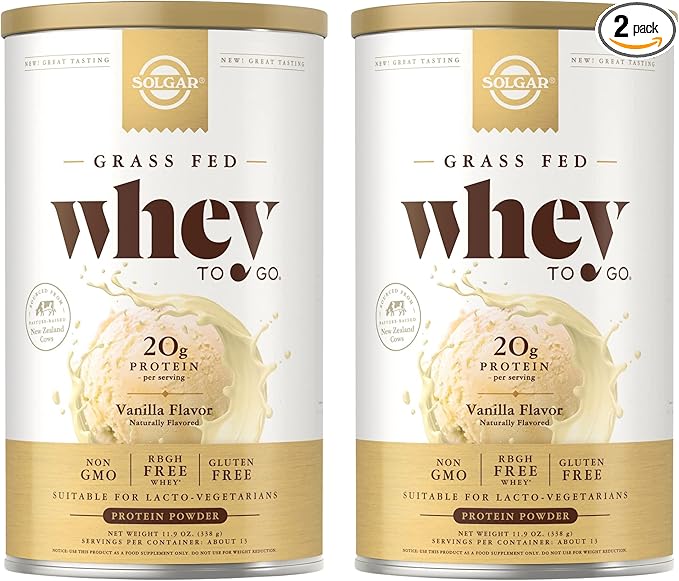 SOLGAR Grass Fed Whey to Go, Vanilla - 11.9 oz, Pack of 2 - Grass-Fed Whey Protein Powder - rBGH Free, Non-GMO, Gluten Free - 26 Total Servings