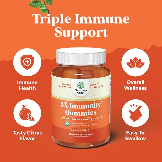 Natures Craft Vegan Organic Immune Support Gummies - D3 Zinc and Vitamin C Gummies for Adults Immunity - Organic Vitamin D for Adults Immune Support Supplement Gluten Free & Non-GMO (30 Servings)