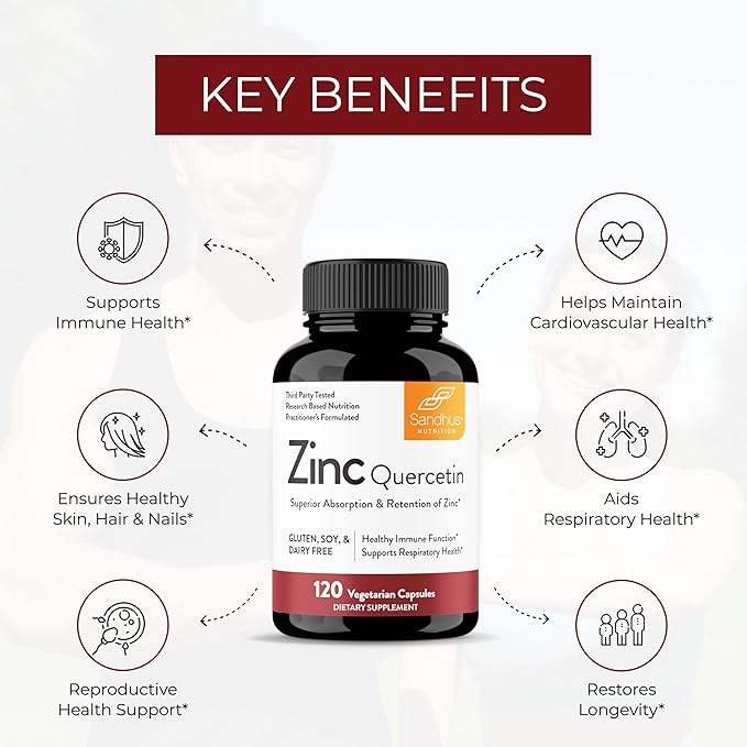 Sandhu's Zinc Quercetin 120 Vegetarian Capsules (Pack of 3) – Zinc Supplements for Antioxidant Immune Support Zinc for Men and Women