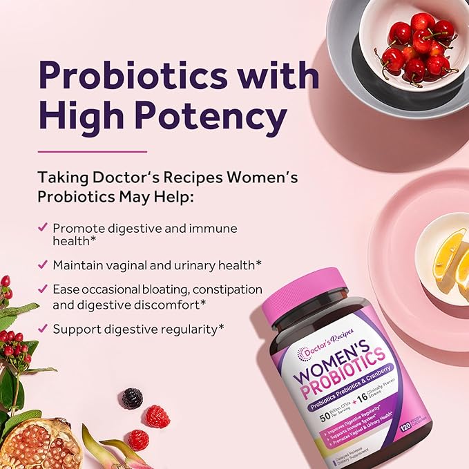 Doctor's Recipes Women’s Probiotic, 120 Caps 50 Billion CFU 16 Strains, with Organic Cranberry, Digestive Immune Vaginal & Urinary Health, Shelf Stable, Delayed Release, No Soy Gluten Dairy