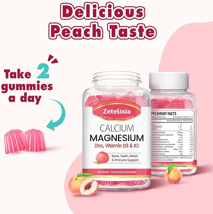 Sugar Free Calcium Citrate Gummies, Calcium Magnesium Gummies with Vitamin D3 & K2 for Bones Muscles and Joints, Peach Flavor - 120 Ct