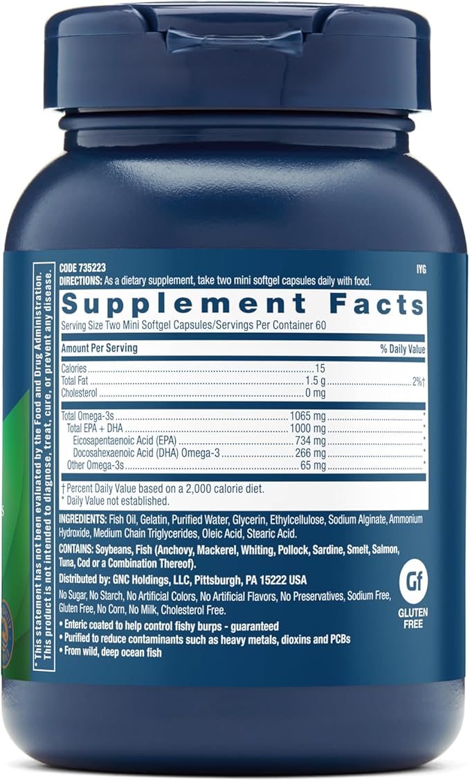 GNC Triple Strength Omega-3 Fish Oil Mini's 1000mg | Heart, Brain, Joint & Eye Support with EPA & DHA | Non-GMO Gluten Free | 120 Mini Softgels