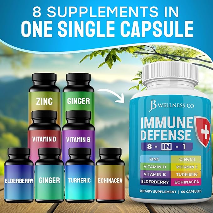 Immune Support 8 in 1 Capsules - Zinc Supplement, Vitamin D3, Vitamin C and Elderberry - Immune Booster Supplement with Echinacea, Ginger Root, and Turmeric