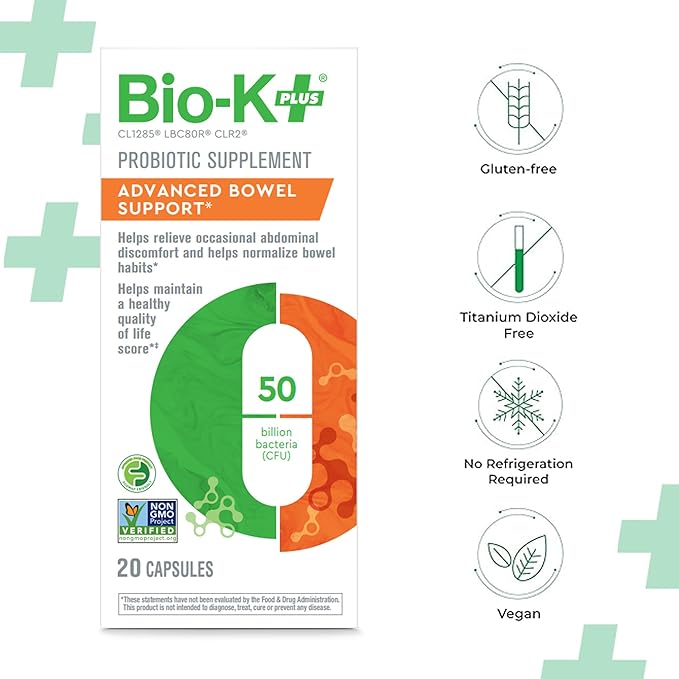 Bio K+ Advanced Bowel Support – Vegan Probiotics for Digestive Health, for Women & Men, Helps Normalize Bowel Habits & Occasional Discomfort, Gluten Free, Non GMO, 50 Billion CFU – 20 Capsules