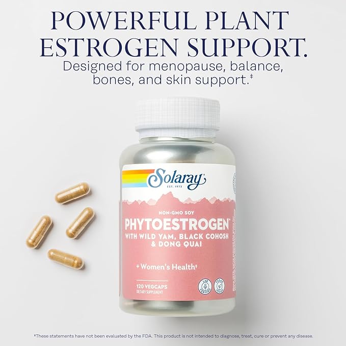 SOLARAY PhytoEstrogen Menopause Supplements - Wild Yam, Black Cohosh, and Dong Quai Estrogen Pills for Women's Health - Vegan, Lab Verified, 60-Day Guarantee (30 Servings, 120 VegCaps)