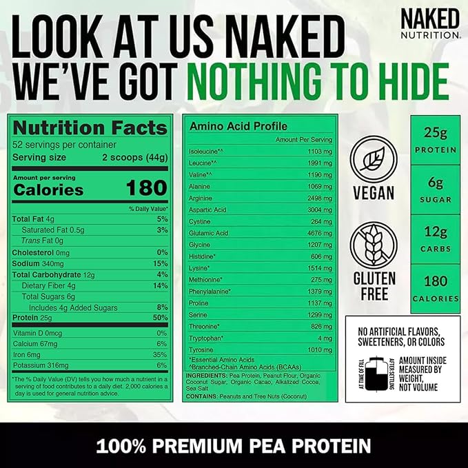 NAKED Pea - Chocolate Peanut Butter Protein from US & Canadian Farms, Organic Cocoa, Organic Coconut Sugar - No GMO, No Soy, and Gluten Free, Aid Growth and Recovery - 52 Servings