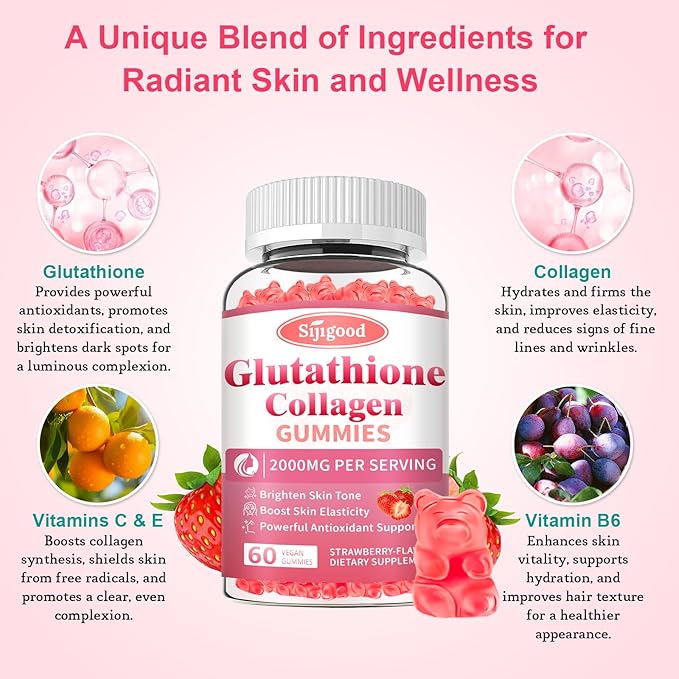 Glutathione Collagen Gummies, Skin Brightening & Anti-Aging, Supports Hair, Skin & Nail Health, Glutathione Supplement for Women, Strawberry Flavor, 60 Count