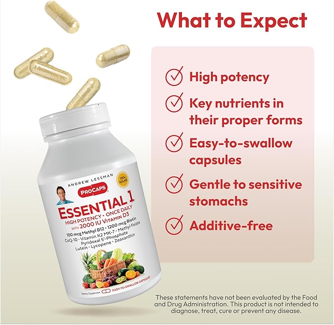 ANDREW LESSMAN Essential-1 Multivitamin 2000 IU Vitamin D3 360 Small Capsules - 100 mcg Methyl B12. CoQ10 Lutein Lycopene Zeaxanthin. High Potency. No Additives. Ultra-Mild. One Daily Capsule