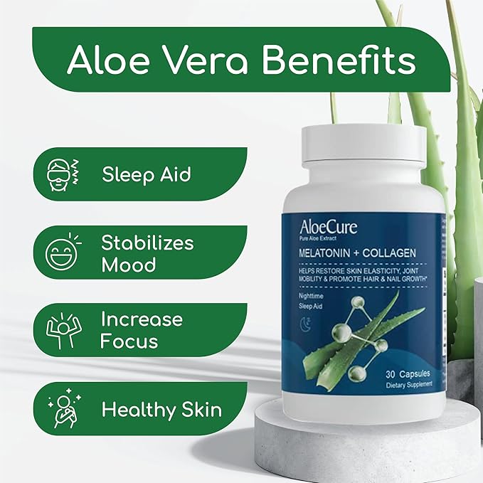 AloeCure Organic Aloe Vera Capsules Pack - 4 Pieces - Melatonin + Collagen, VeraFlex, Aloe Vera Capsules, Probiotic + Enzyme