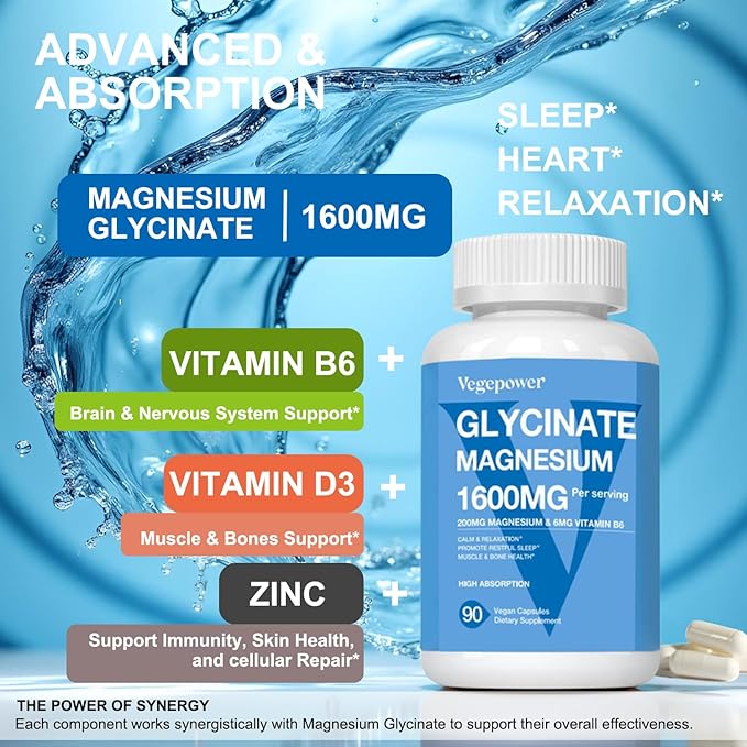 Magnesium Glycinate 1600mg Supplements - with Vitamin B6 & Zinc, Vitamin D3, Chelated Magnesium for Sleep, Muscle, Bone and Immune Health, High Absorption Magnesio, Non-GMO, Vegan 90 Capsules