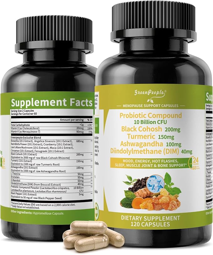 Menopause Supplements for Women - Black Cohosh & Ashwagandha for Hot Flashes, Night Sweats, Mood Swings, Hormonal Balance Support,10 Billion CFU Probiotic - 120 Capsules Vegan Gluten-Free