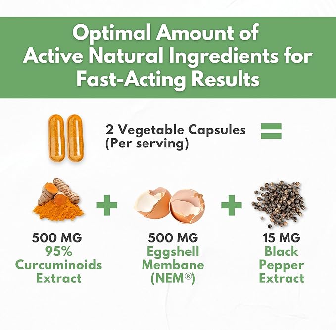 Turmeric Curcumin 95% Extract & Collagen Capsules - NEM Promotes Knee Comfort & Flexibility - Eggshell Membrane w Naturally Occurring Glucosamine Chondroitin Hyaluronic Acid- Made in USA