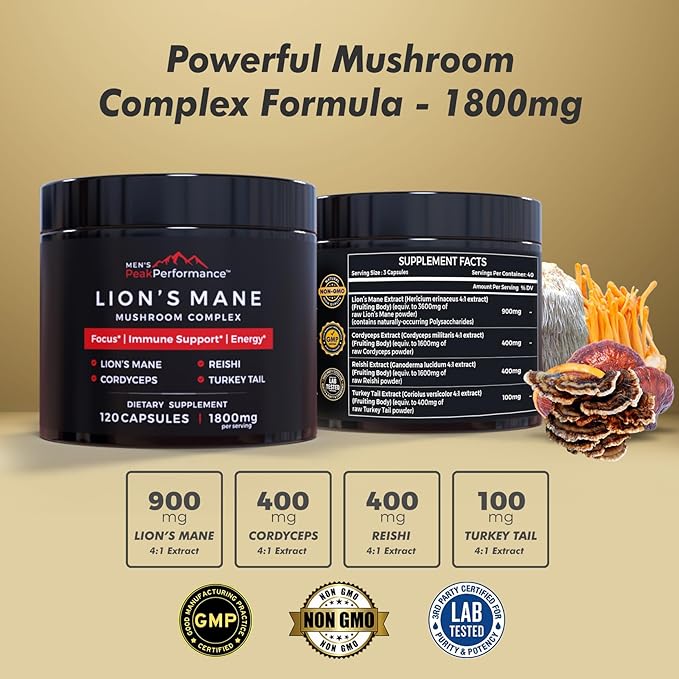 MEN'S PeakPerformance Lion's Mane Mushroom Supplement Capsules with Reishi, Cordyceps, Turkey Tail – Brain Nootropic for Memory, Focus, Natural Energy, & Immune Support Supplement (120 Capsules)
