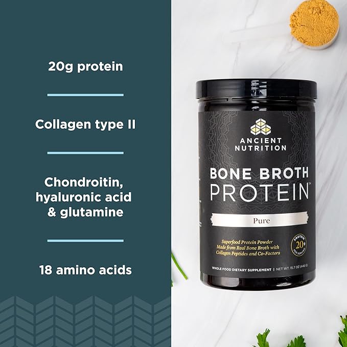 Ancient Nutrition Bone Broth Protein Powder, Pure Flavor, 20g Protein per Serving, Supports Healthy Skin, Gut Health, Joint Supplement, Gluten Free, Paleo and Keto Friendly, 40 Servings