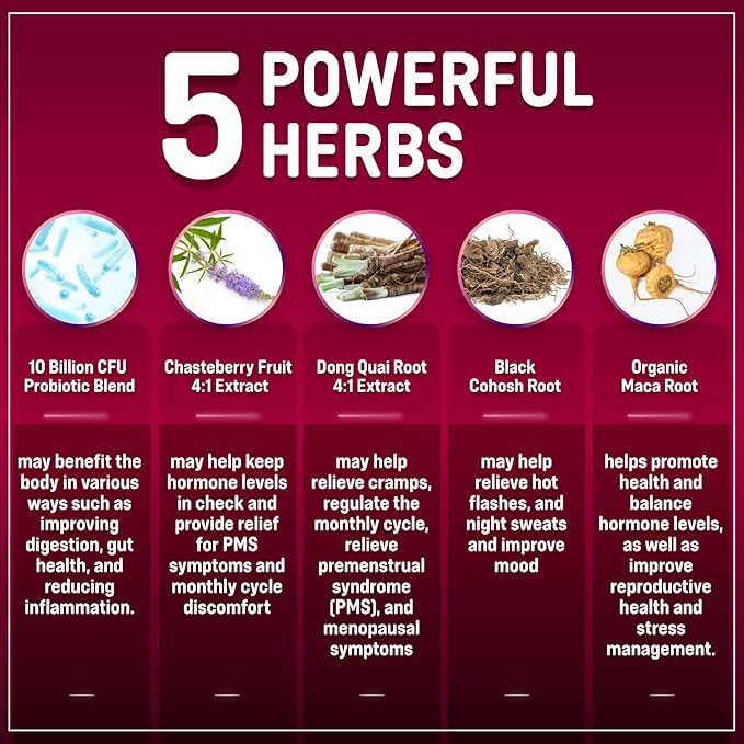 Hormone Balance + Probiotics for Women- Natural Menopause Relief, Weight Management, Bloating, Hot Flashes, PMS | Organic Maca, Chasteberry, Dong Quai & Black Cohosh | Non GMO |120 V Capsules