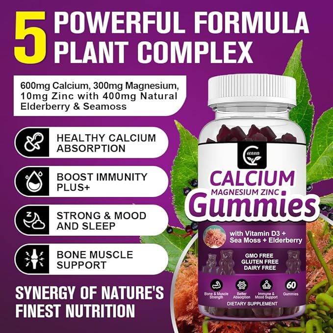Calcium Magnesium Zinc Gummies with High Absorption Magnesium, Potassium, D3 - for Bone, Muscles, Immune & Sleep Support, Vegan