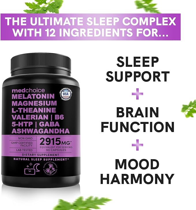 12-in-1 Melatonin Sleep Capsules - Natural Sleep Aids for Adults with Melatonin 5mg and Magnesium Glycinate 500mg, Sleep Aid with Ashwagandha, L Theanine, Valerian Root, GABA, 5-HTP (90ct, Pack of 3)