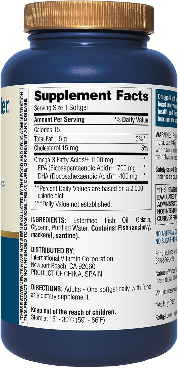Nature's Wonder Fish Oil 1100 mg Omega-3 Fatty Acids, EPA & DHA for Healthy Joints, Heart, Immune System, 120 Day Supply of Softgels