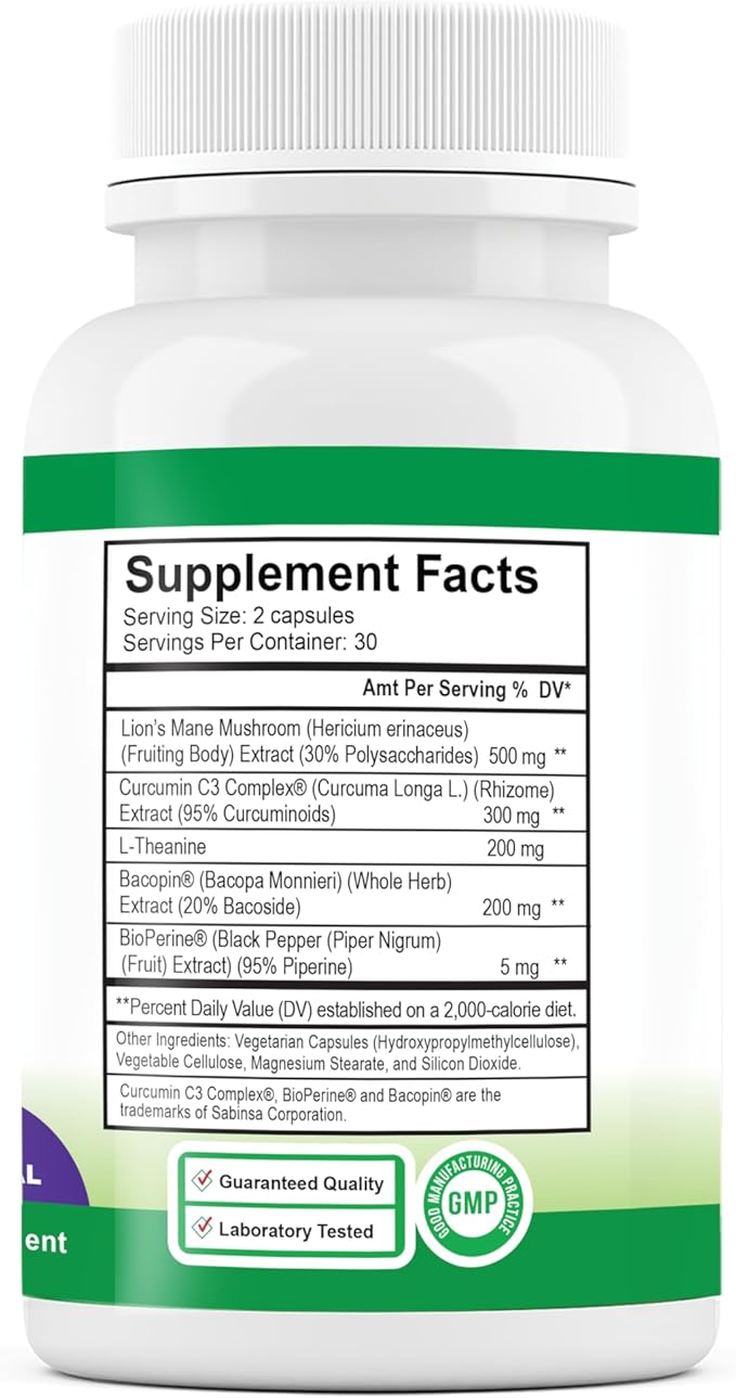 Axis Natural Nootropic Supplement with Curcumin C3 Complex, Bacopin, and Lion's Mane Extract - Brain & Gut Health Support, Focus, Energy, Stress Relief - 60 Capsules, All-Natural, Med Free Living (1)