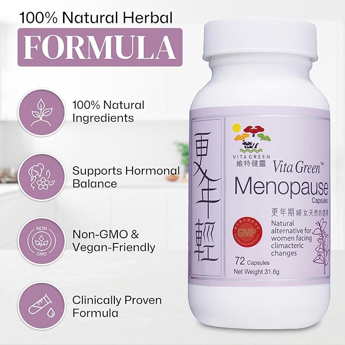 Vita Green Menopause Support Supplement – Natural Relief for Hot Flashes, Night Sweats, and Menopausal Symptoms – Supports Healthy Skin & Hair – 72 Capsules