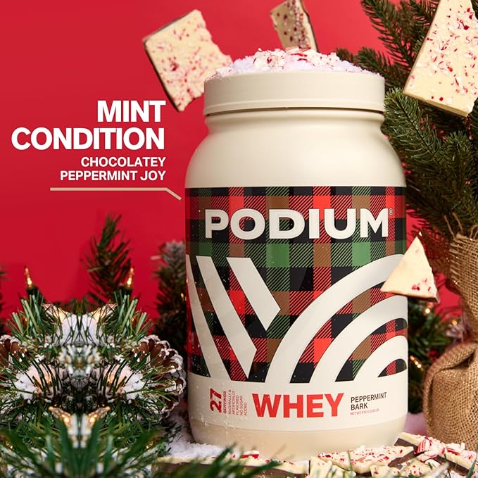 Podium Nutrition Whey Protein Powder, Peppermint Bark, 25g Protein Per Serving with Digestive Enzymes, Whey Protein Isolate & Concentrate, Gluten Free, Low Carb, Low Sugar & Soy Free, 27 Servings