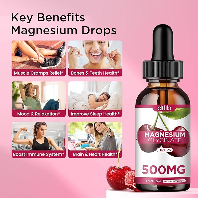 Magnesium Glycinate Supplement, Magnesium Glycinate Liquid Drops 500mg with Calcium, Zinc, Vitamin B6, D3, L-Theanine, Omega 3 for Sleep, Mood, Stress Relief, Bone, Muscle, Cherry Flavor