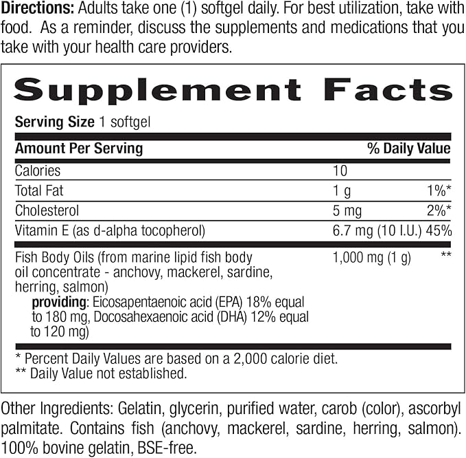 Country Life Omega-3 Fish Oil Supplement, 10000mg,180mg EPA & 120mg DHA, Fish Oil Concentrate, Burpless, 50 Softgels, Certified Gluten Free