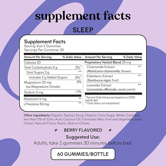 Lemme Sleep Gummies with 5mg Melatonin, Elderberry, Magnesium, L-Theanine, Chamomile and Lavender, Drug-Free Nighttime Sleep Aid, Gluten Free, Gelatin Free, Non GMO, Berry Flavored (60 Count)