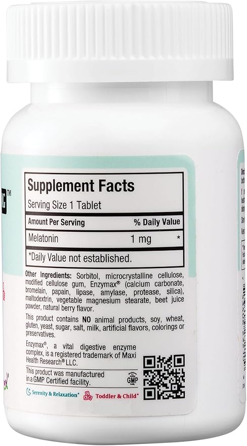 Chewable Melatonin, Kosher Berry Flavor, 1mg Melatonin for Adults or Teens, Natural Aid for Adults, Melatonin Chewables Alternative to Melatonin Gummies Higher 1 mg Dose, Maxi Health (100 Count)