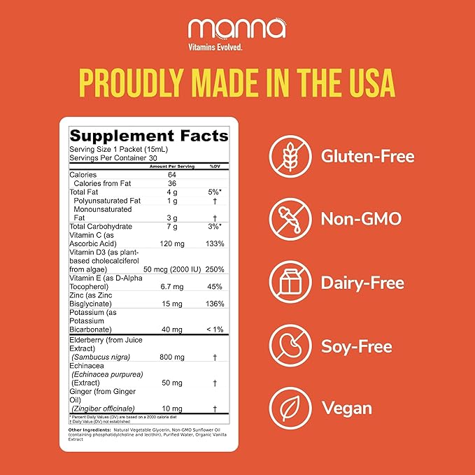 Manna Liposomal Elderberry Immune Packets – Vitamins C, D, Zinc, Echinacea & Ginger - Daily Immune Support for Adults & Kids - Sugar Free, Real Elderberry Extract & Syrup, Travel-Friendly, 30 Pack